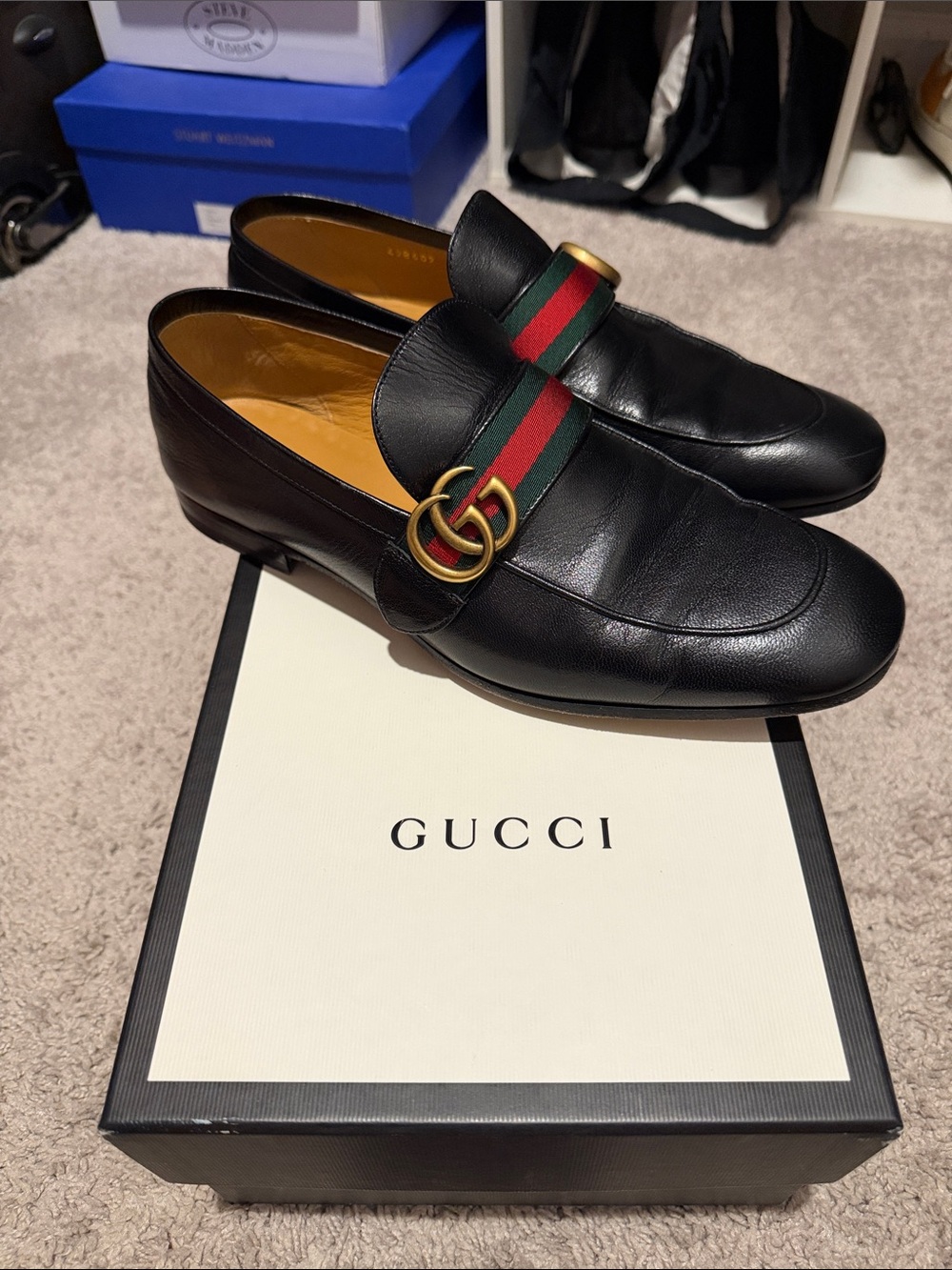 Gucci Black Leather Loafers with Red-Green Web and Gold Double G